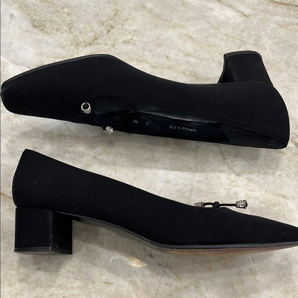 VINTAGE Stuart Weitzman | Square Toe Block Heels | Black Fabric | 7 Narrow - Picture 2 of 10